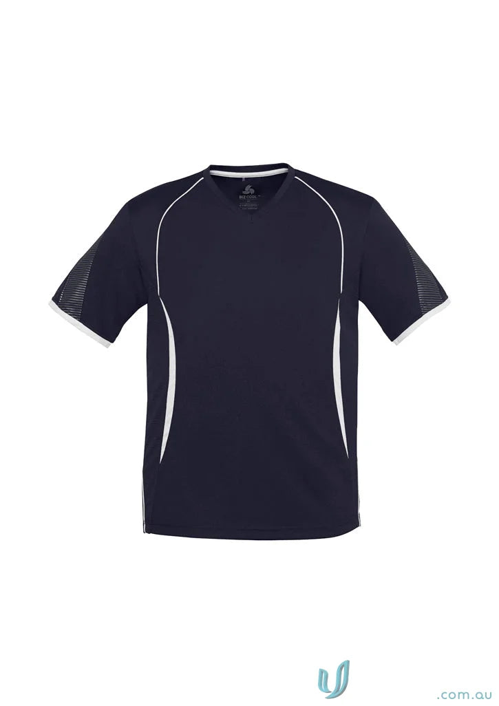 Navy blue Razor Tee mens razor short with self-fabric v-neck band and white trim