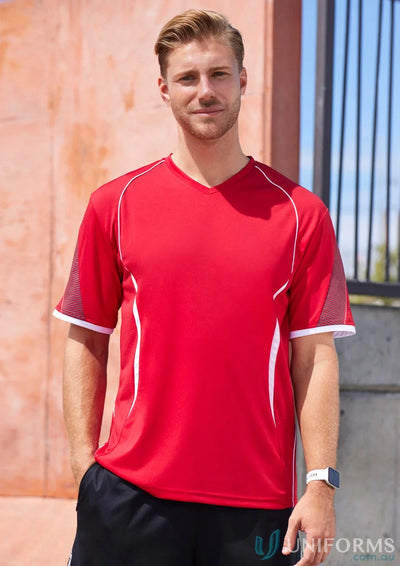 Red and white Razor Tee mens razor short with self-fabric V-neck band for active wear