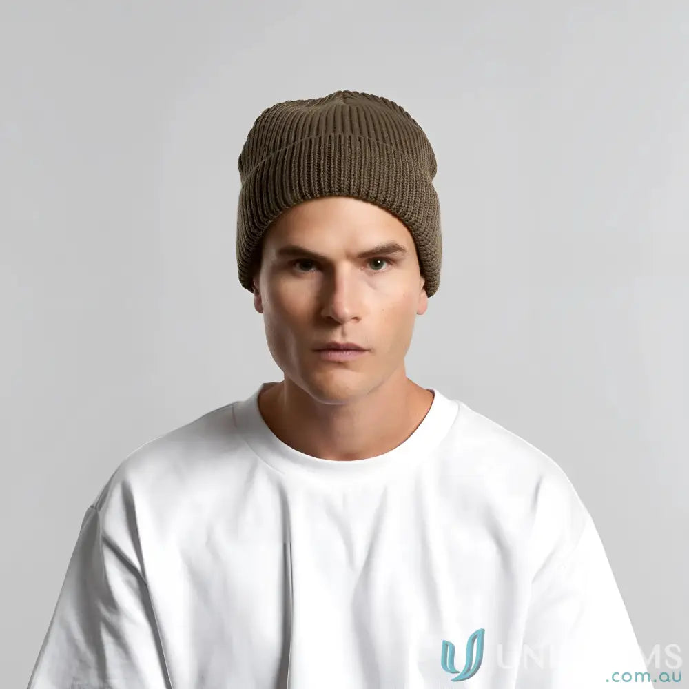 Olive green recycled wool gauge beanie with ribbed knit and cuffed hem design