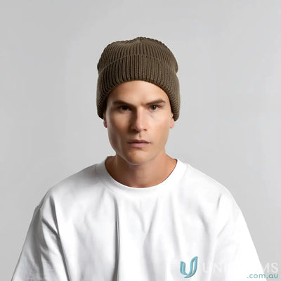 Olive green recycled wool gauge beanie with ribbed knit and cuffed hem design