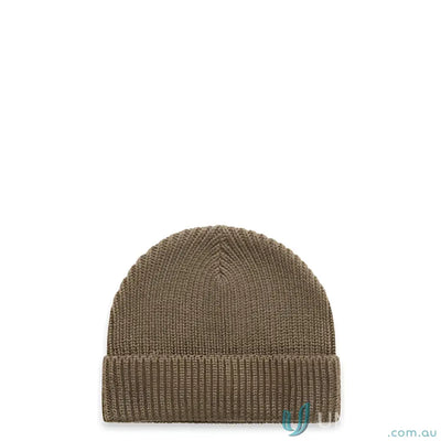 Olive green gauge beanie with ribbed knit cuff made from recycled wool blend