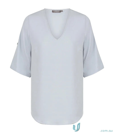 Light blue V-neck blouse from Reese-V Neck-Top, perfect for work uniforms or workwear