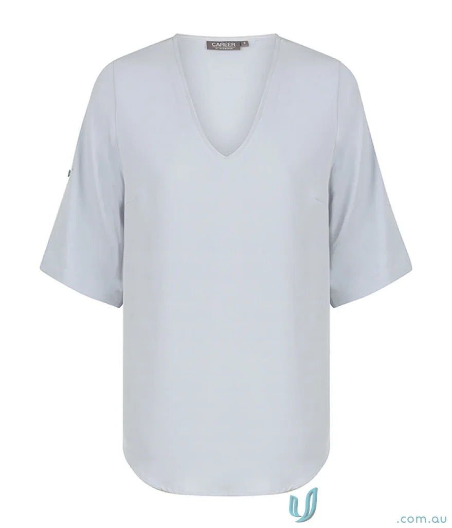 Light blue V-neck blouse from Reese-V Neck-Top, perfect for work uniforms or workwear