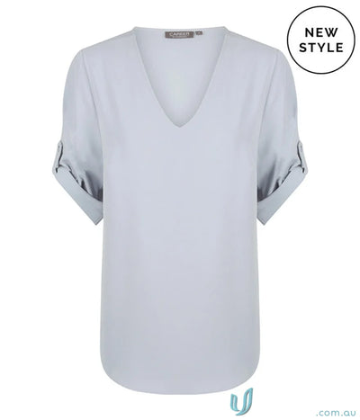 Light blue V-neck blouse from Reese V Neck Top, perfect for workwear or uniforms