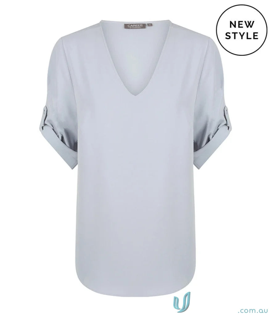 Light blue V-neck blouse from Reese V Neck Top, perfect for workwear or uniforms