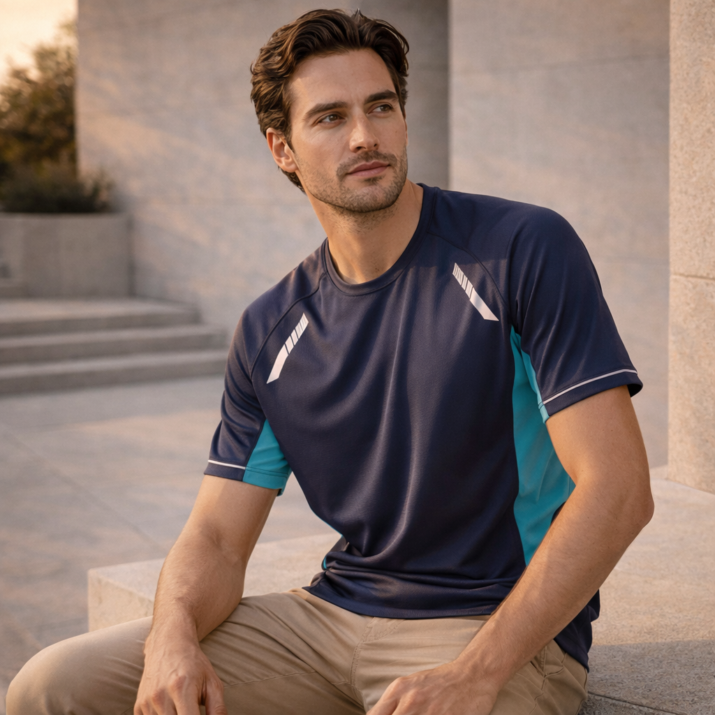 Renegade short sleeve Renmark Tee in navy blue, teal with white shoulder stripes
