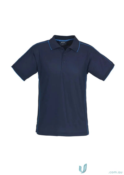 Navy blue mens resort polo with light blue stitching for effortless style