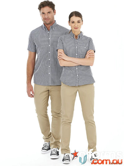 Matching checkered shirts and khaki pants with Riley Chino Pant, perfect chino pant style