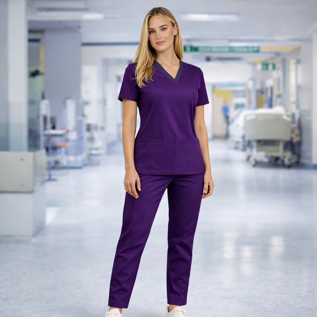 Riley straight leg scrub pant in purple v-neck set with dark gray trim