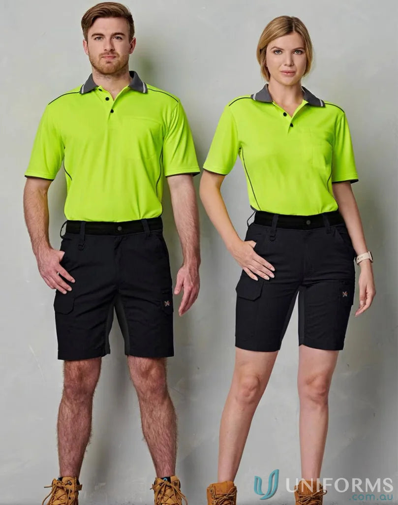 Two people modeling matching Ripstop Stretch Work Shorts and high-visibility polos