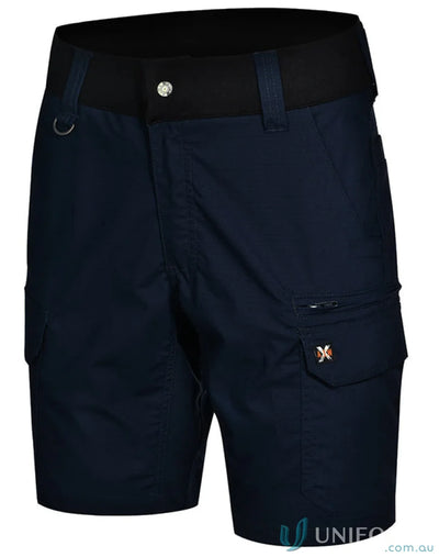 Dark blue Ripstop Stretch Work Shorts with black elastic waistband for tough jobs