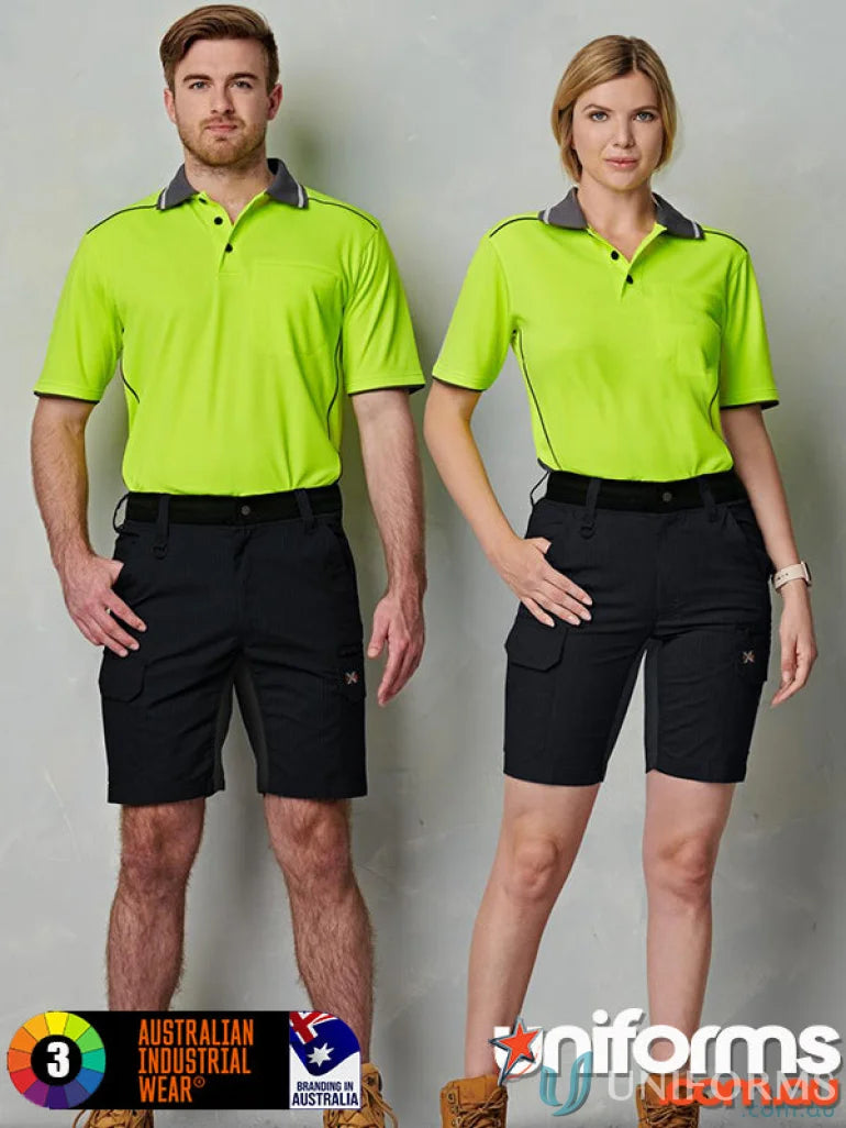 Two models in bright lime green ripstop stretch work shorts with grey collars and black shorts