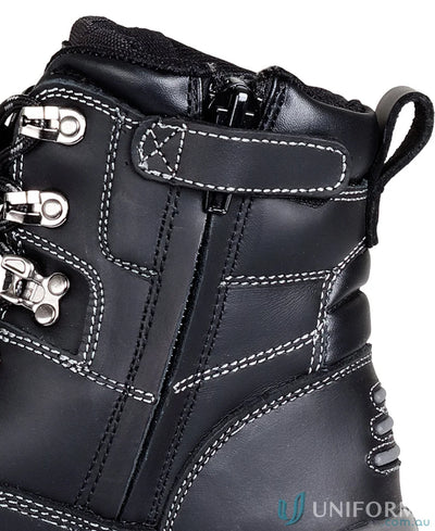 Black leather Roadtrain Side Zip Safety Boot with durable sole for workwear and uniforms