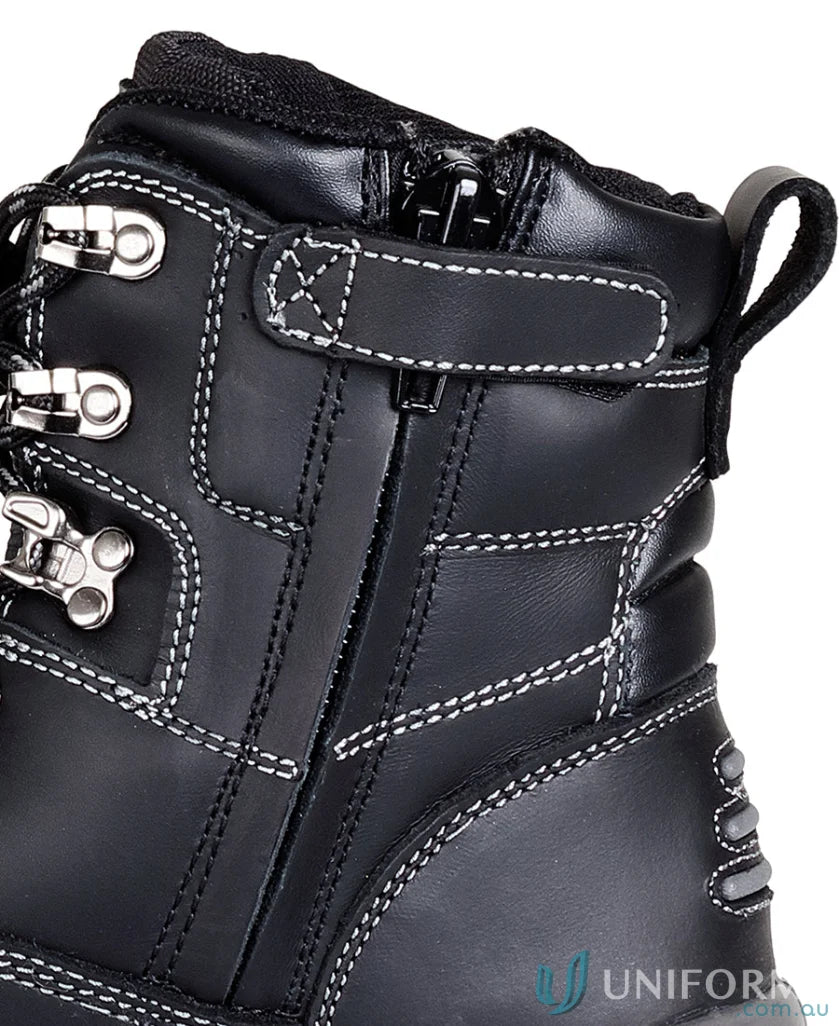 Black leather Roadtrain Side Zip Safety Boot with durable sole for workwear and uniforms
