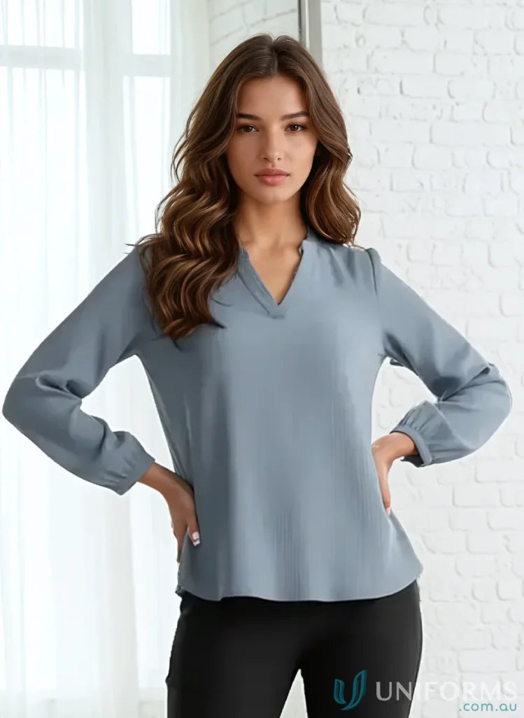 Ruche Blouse: soft light blue womens ruche long sleeve blouse