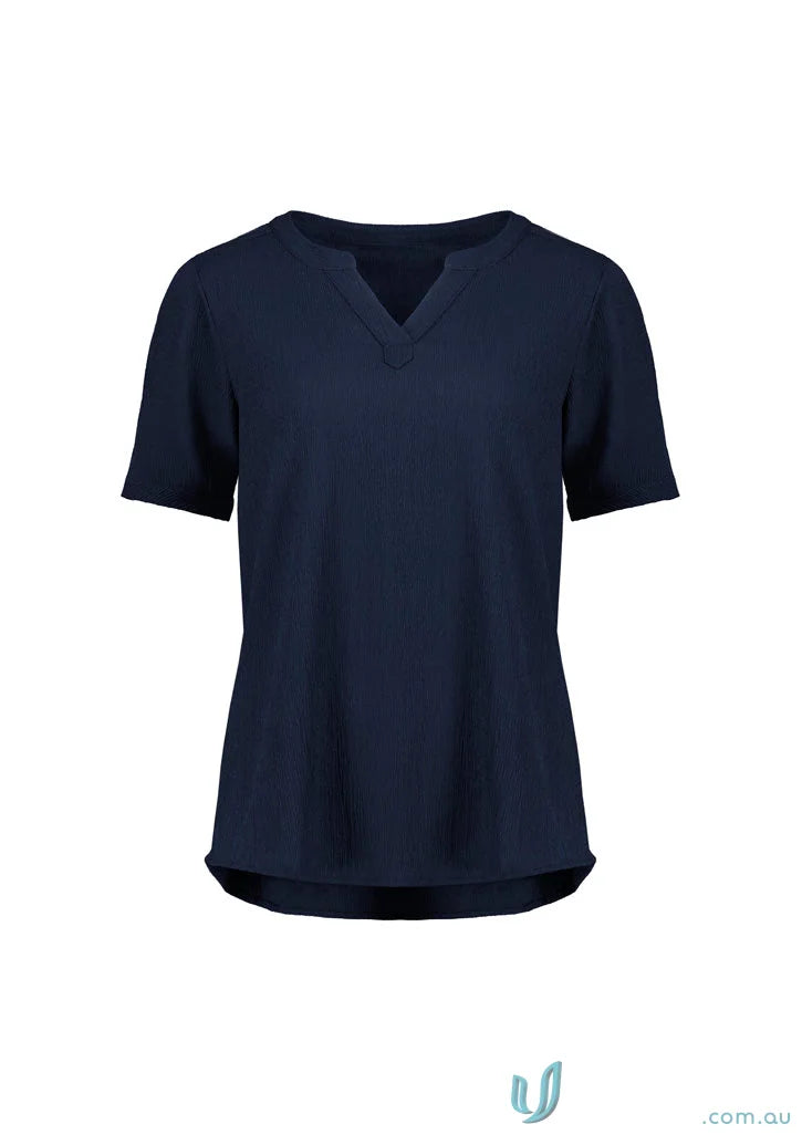 Navy blue ruche short sleeve womens v-neck blouse in high-stretch knit