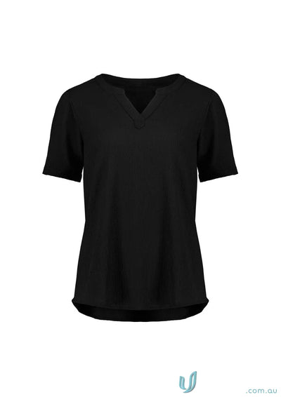 Ruche short sleeve blouse in black, womens ruche high-stretch knit V-neck