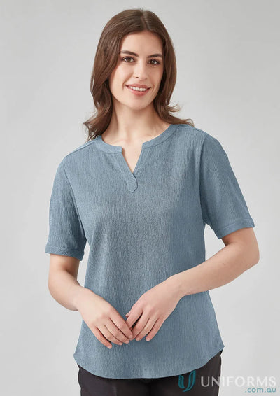Ruche short sleeve blouse in light blue high-stretch knit v-neck top