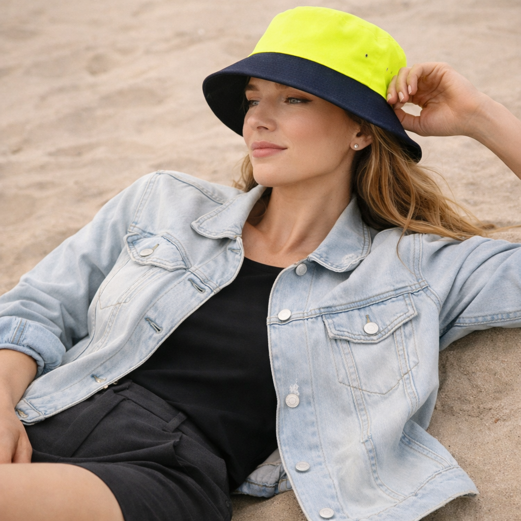 Safety Bucket Hat in bright neon yellow navy blue workwear uniforms
