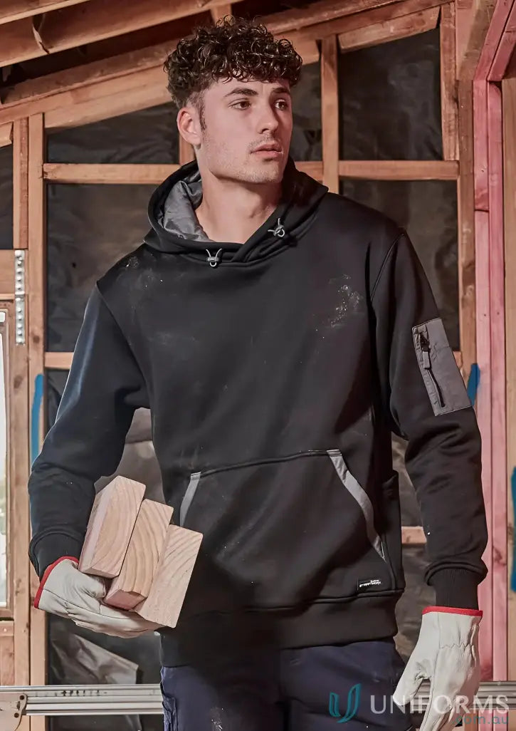 Black work hoodie with gray accents, multiple pockets, and resistant fabric offers rain warmth soft fleece