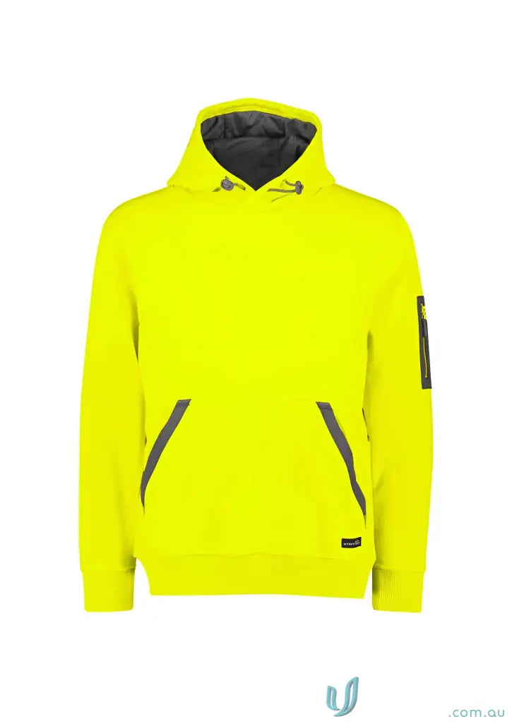 Bright yellow water resistant hoodie made from rain warm soft fleece fabric