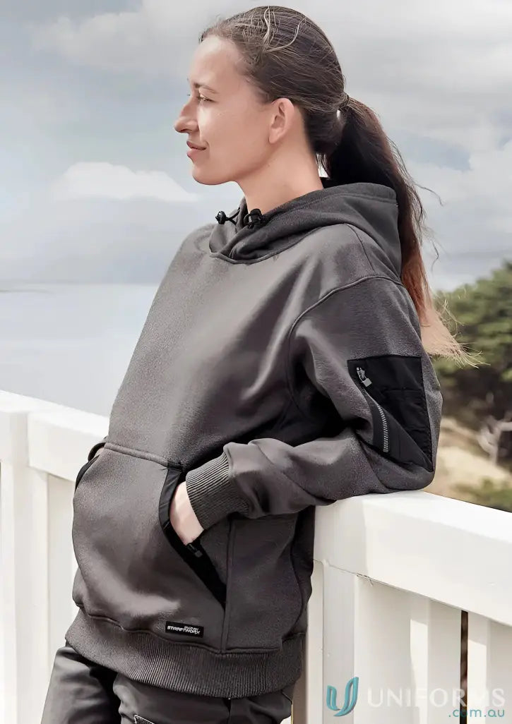Dark gray water resistant hoodie with black accents and rain warm soft fleece feel