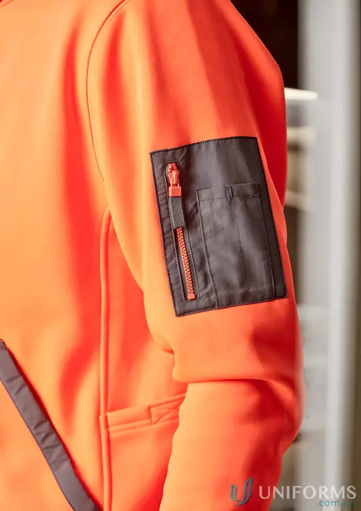 Orange water resistant hoodie with zippered sleeve pocket, rain warm soft fleece fabric