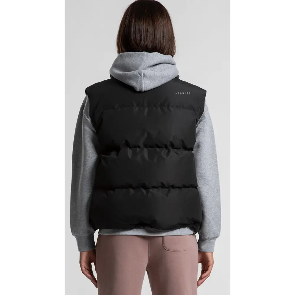 Back view of black sarah puffer vest with quilted panels gray hood and planett logo ideal for work uniforms and workwear