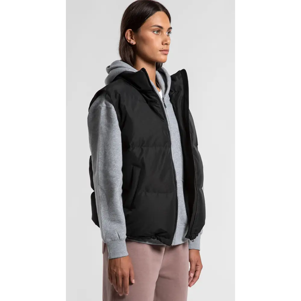 Black sarah puffer vest with gray quilted sleeves and hood perfect for workwear and uniforms