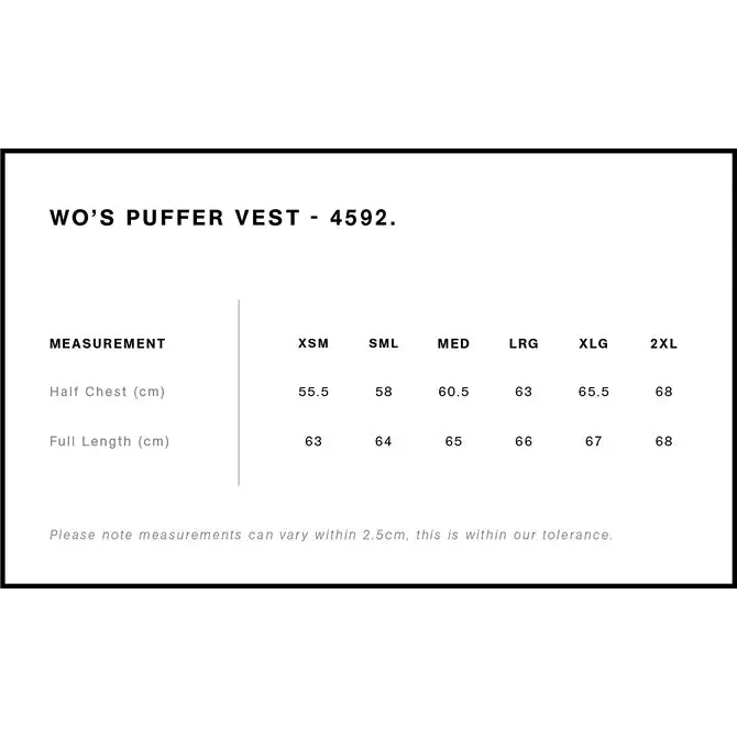 White label sarah puffer vest size guide in cm ideal for workwear and uniforms in cold conditions