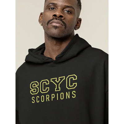 Black hoodie with yellow lettering.