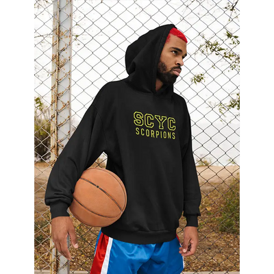 Black hoodie with yellow lettering.