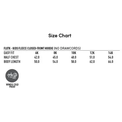 Kids fleece hoodie size chart.
