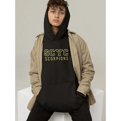 Black hoodie with yellow lettering.