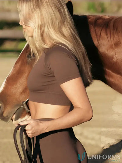 Brown seamless cropped espresso tee with short sleeves perfect for comfortable workwear uniforms