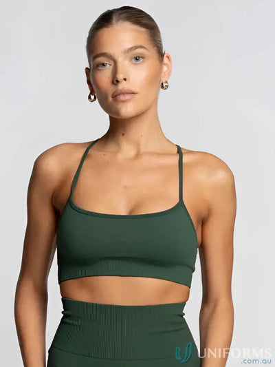 Seamless emerald active crop dark green ribbed knit sports bra with thin straps and square neckline perfect for workwear