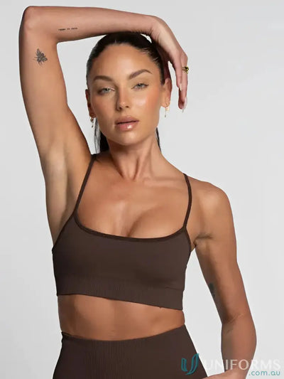 Brown seamless espresso active crop sports bra with thin straps and scoop neckline perfect for work uniforms or workwear