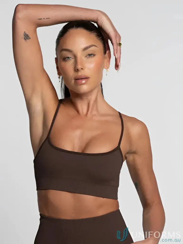 Brown seamless espresso active crop sports bra with thin straps and scoop neckline perfect for work uniforms or workwear