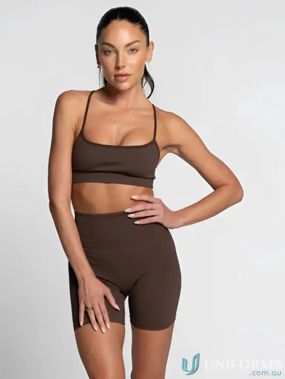 Seamless espresso active crop brown high waisted bike shorts with thin straps perfect for comfortable work uniforms