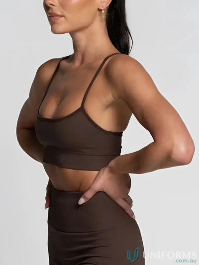 Brown ribbed seamless espresso active crop sports bra with thin straps perfect for comfy work uniforms or activewear