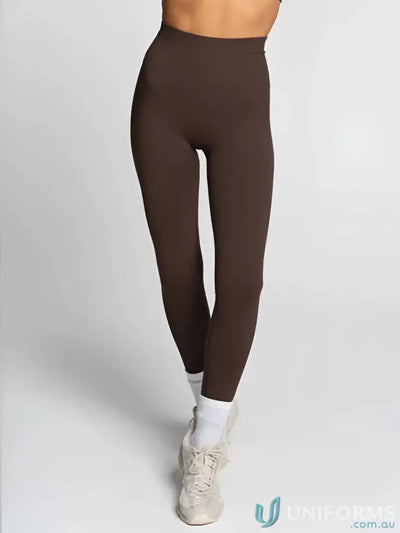 High waisted seamless invisible scrunch espresso leggings in chocolate brown with smooth stretchy fabric perfect for workwear uniforms