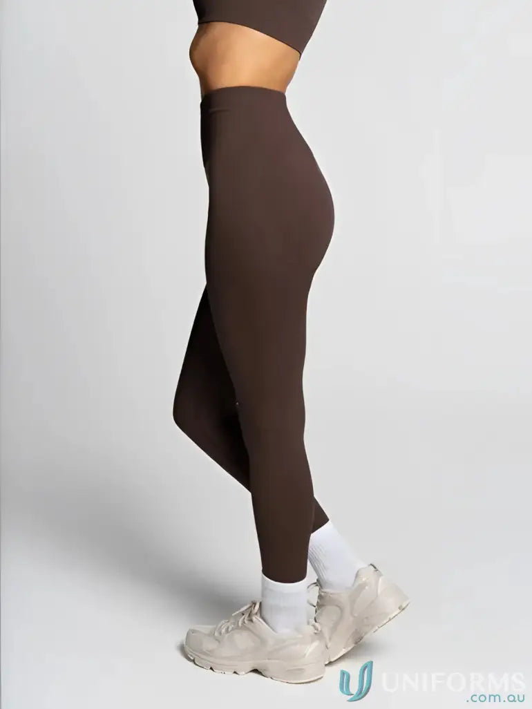Brown high waisted seamless invisible scrunch espresso leggings in smooth stretch fabric perfect for workwear uniforms