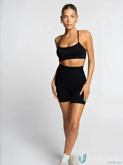 Black seamless onyx active crop bike shorts with thin straps perfect for comfortable workwear or uniforms use