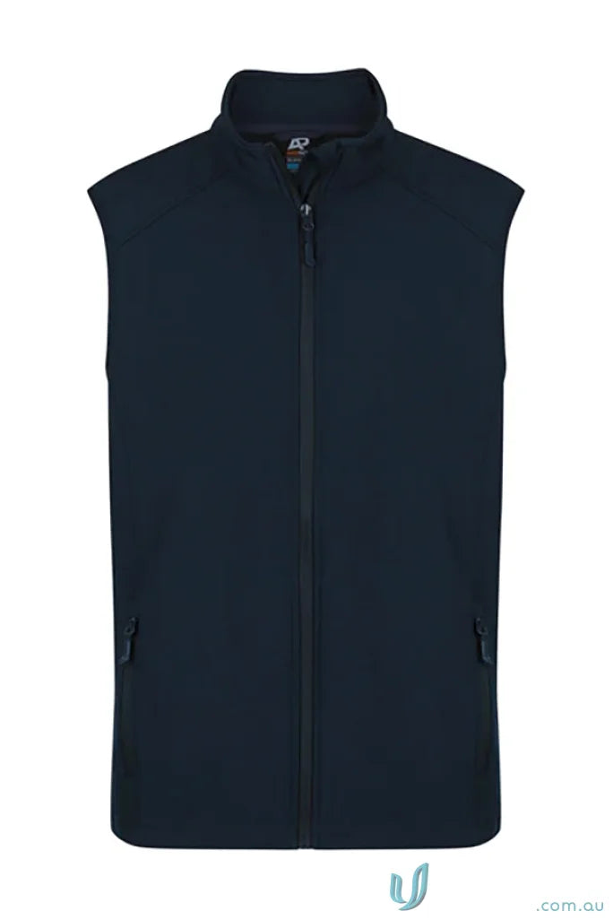 Navy blue sleeveless softshell jacket from Selwyn Mens Vests, perfect for workwear or uniforms