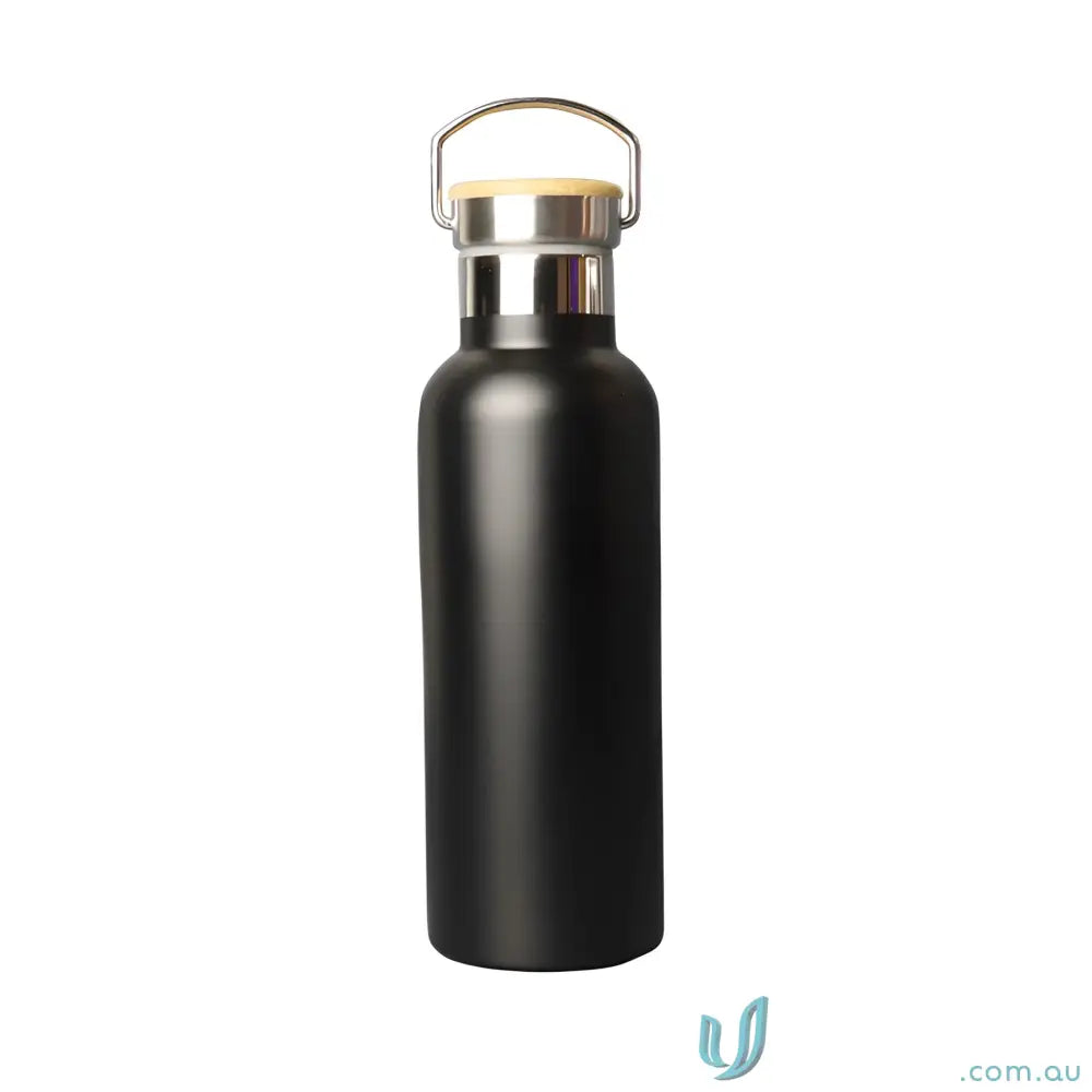 Sleek black Shadow 500ml stainless steel water bottle with handle for easy carrying