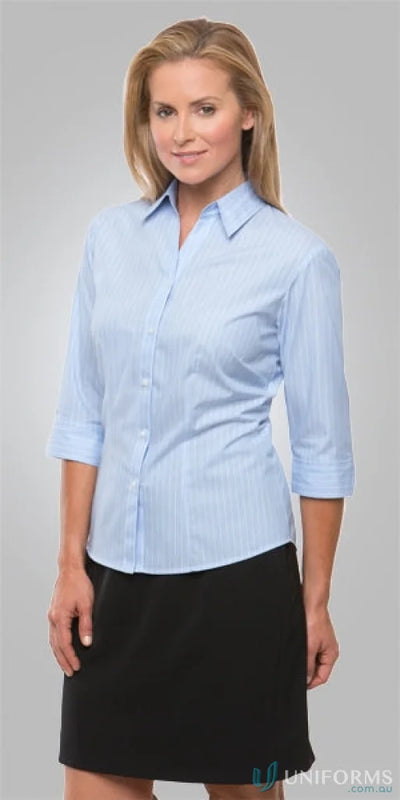 Woman in shadow stripe ladies 3qtr workwear shirt for uniforms and professional look