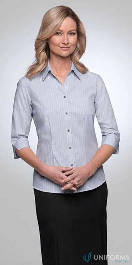 Woman in Shadow Stripe Ladies 3Qtr Shirt perfect for workwear and uniforms