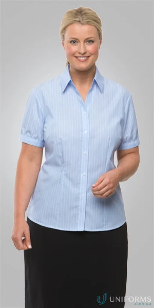Woman in shadow stripe cap sleeve shirt and black skirt, perfect for uniforms
