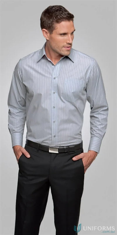 Man wearing Shadow Stripe LS Shirt in striped workwear or uniforms style
