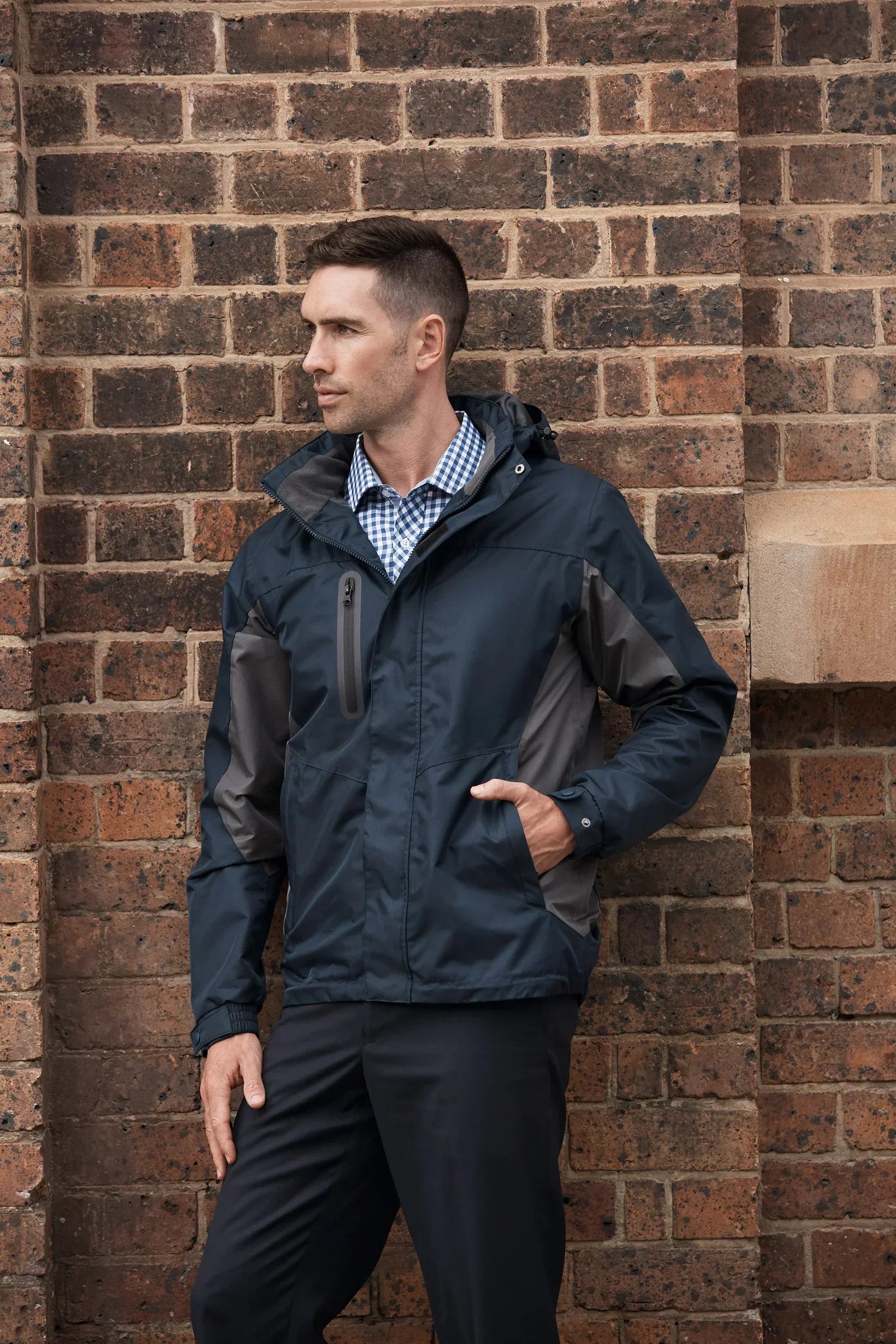 Dark navy Sheffield mens jacket with black panels and hood